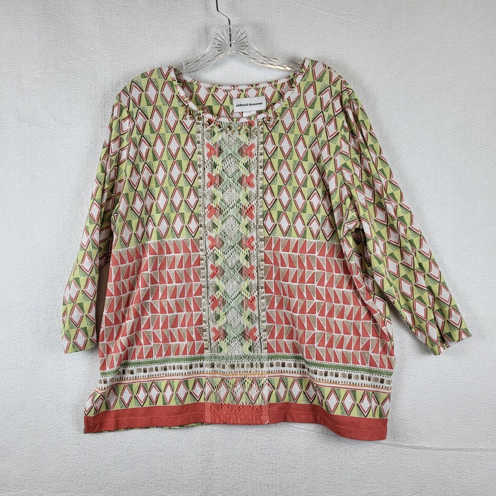 Alfred Dunner Womens Large Green Coral Geometric Studded Lace‎ 3/4 Sleeve Blouse